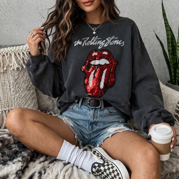 Rolling Stones Charcoal Sequin Tongue Graphic Crewneck Sweatshirt Sz M - Picture 9 of 11